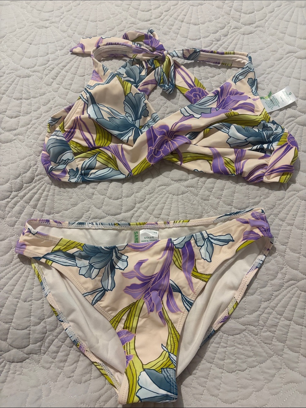 Floral Tie-Back Bikini Set in Cream and Purple